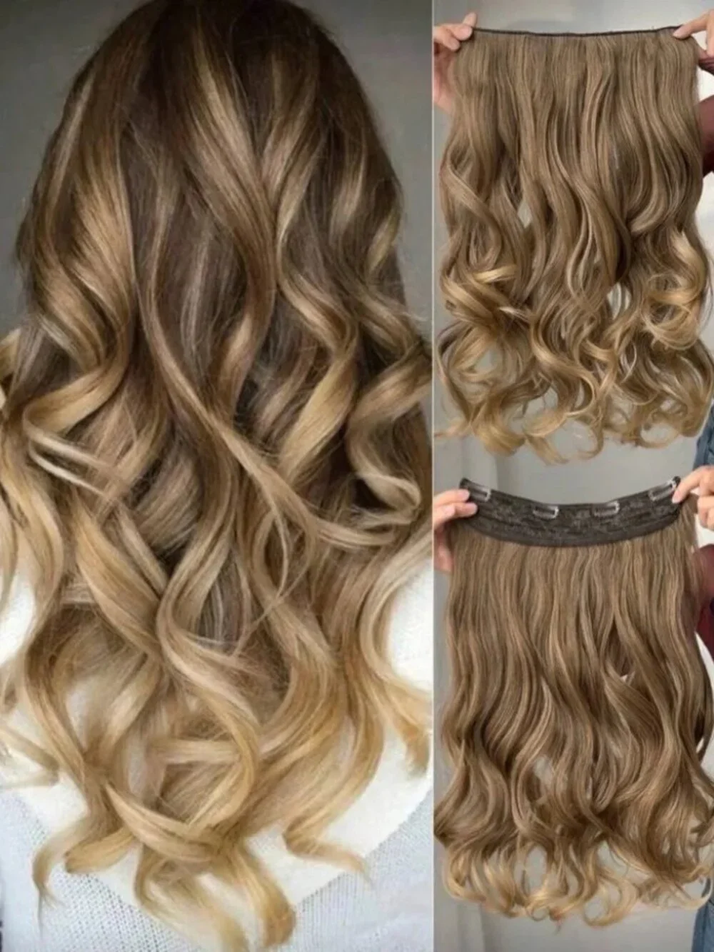 20” Human Hair Blend Clip-In Extensions – Wavy Natural Brown with Caramel Ombre